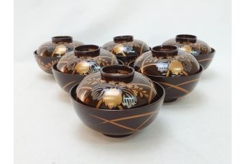 明治〜大正　桐材　金銀蒔絵　輪島塗り　木製漆器　漆器の色合いと蒔絵の組み合わせが美しい吸物椀6客セット(和食器、お椀)(R-064007)
