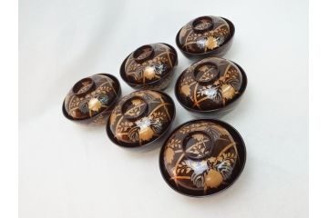 明治〜大正　桐材　金銀蒔絵　輪島塗り　木製漆器　漆器の色合いと蒔絵の組み合わせが美しい吸物椀6客セット(和食器、お椀)(R-064007)