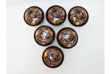 明治〜大正　桐材　金銀蒔絵　輪島塗り　木製漆器　漆器の色合いと蒔絵の組み合わせが美しい吸物椀6客セット(和食器、お椀)(R-064007)