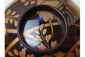 明治〜大正　桐材　金銀蒔絵　輪島塗り　木製漆器　漆器の色合いと蒔絵の組み合わせが美しい吸物椀6客セット(和食器、お椀)(R-064007)