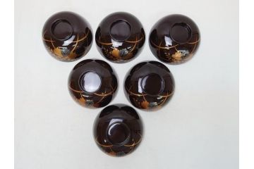 明治〜大正　桐材　金銀蒔絵　輪島塗り　木製漆器　漆器の色合いと蒔絵の組み合わせが美しい吸物椀6客セット(和食器、お椀)(R-064007)