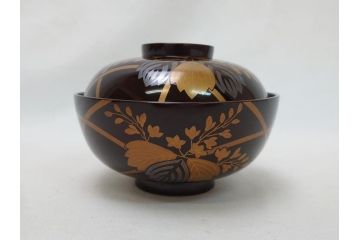 明治〜大正　桐材　金銀蒔絵　輪島塗り　木製漆器　漆器の色合いと蒔絵の組み合わせが美しい吸物椀6客セット(和食器、お椀)(R-064007)