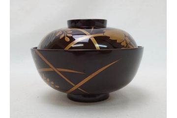明治〜大正　桐材　金銀蒔絵　輪島塗り　木製漆器　漆器の色合いと蒔絵の組み合わせが美しい吸物椀6客セット(和食器、お椀)(R-064007)