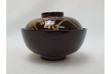 明治〜大正　桐材　金銀蒔絵　輪島塗り　木製漆器　漆器の色合いと蒔絵の組み合わせが美しい吸物椀6客セット(和食器、お椀)(R-064007)