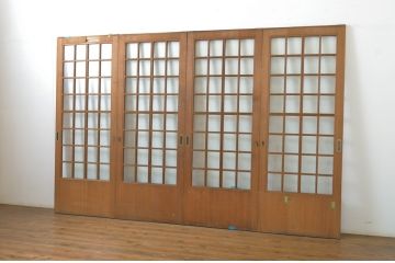 アンティーク建具　柾目の美しい升目格子戸4枚セット(ガラス戸、引き戸)(R-064043)