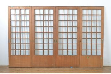 アンティーク建具　柾目の美しい升目格子戸4枚セット(ガラス戸、引き戸)(R-064043)