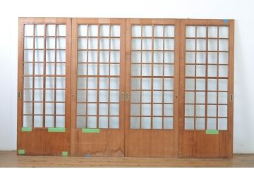 アンティーク建具　柾目の美しい升目格子戸4枚セット(ガラス戸、引き戸)(R-064043)