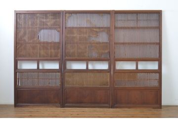 アンティーク建具　和の風情が感じられる裏障子付き格子戸3枚セット(障子戸、引き戸、ガラス帯戸)(R-064062)
