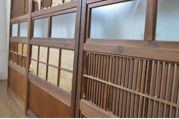 アンティーク建具　和の風情が感じられる裏障子付き格子戸3枚セット(障子戸、引き戸、ガラス帯戸)(R-064062)