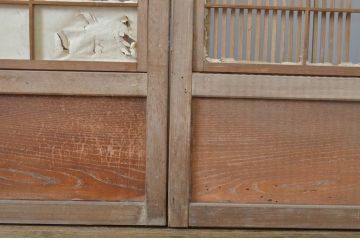 アンティーク建具　腰板欅(ケヤキ)材　和の風情が感じられる裏障子付き格子戸4枚セット(障子戸、引き戸、ガラス帯戸)(R-064063)