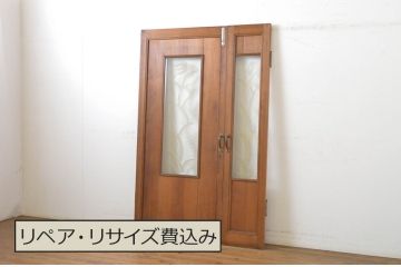 アンティーク建具　大正ロマン　エッチングガラスがおしゃれな古い洋館の親子ドア1対(彫刻ガラス、木製扉、ガラス扉)(R-064068)