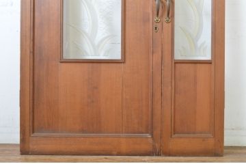 アンティーク建具　大正ロマン　エッチングガラスがおしゃれな古い洋館の親子ドア1対(彫刻ガラス、木製扉、ガラス扉)(R-064068)