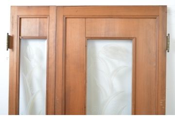 アンティーク建具　大正ロマン　エッチングガラスがおしゃれな古い洋館の親子ドア1対(彫刻ガラス、木製扉、ガラス扉)(R-064068)