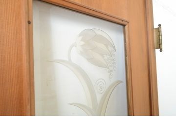 アンティーク建具　大正ロマン　エッチングガラスがおしゃれな古い洋館の親子ドア1対(彫刻ガラス、木製扉、ガラス扉)(R-064068)