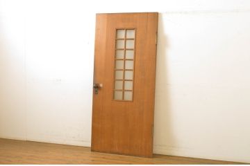 アンティーク建具　柾目の美しいプレスガラス入りドア1枚(扉、木製扉、ガラス扉)(R-064070)