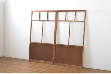 アンティーク建具　木のぬくもり感じる色合いが魅力のガラス戸2枚セット(引き戸)(R-064073)