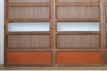 アンティーク建具　腰板欅(ケヤキ)材　和の風情が感じられる裏ガラス入り格子戸4枚セット(ガラス帯戸、引き戸、ガラス戸)(R-064076)