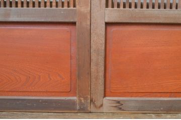 アンティーク建具　腰板欅(ケヤキ)材　和の風情が感じられる裏ガラス入り格子戸4枚セット(ガラス帯戸、引き戸、ガラス戸)(R-064076)