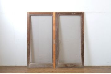 中古　大判スモークガラス入り　シンプルな数寄屋のガラス戸2枚セット(引き戸)(R-064102)