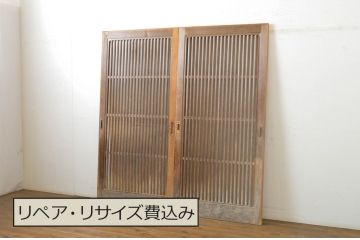 中古　スモークガラス入り　和の風情が感じられる数寄屋の玄関戸2枚セット(ガラス戸、格子戸、ガラス入り格子戸、荒格子戸、引き戸)(R-064111)