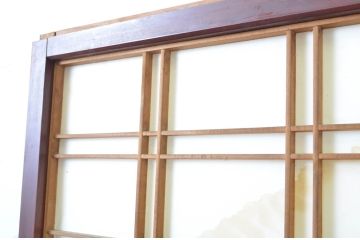 アンティーク建具　漆塗り　風情のあるデザインが魅力のガラス入り障子戸2枚セット(引き戸、ガラス帯戸)(R-064121)