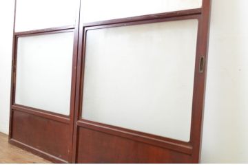 アンティーク建具　漆塗り　風情のあるデザインが魅力のガラス入り障子戸2枚セット(引き戸、ガラス帯戸)(R-064121)
