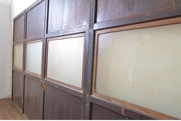 アンティーク建具　レーザー組子入れます!　上品な和空間を演出してくれるガラス帯戸4枚セット(引き戸、ガラス戸、板戸)(R-064127)