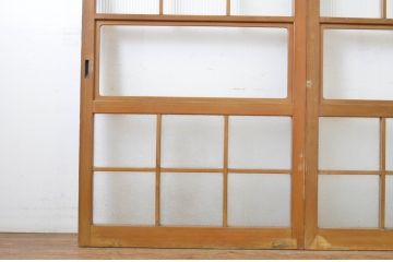 アンティーク建具　モール・ダイヤガラス入り　レトロなガラス戸2枚セット(引き戸、ガラス帯戸)(R-064129)