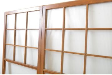 アンティーク建具　モール・ダイヤガラス入り　レトロなガラス戸2枚セット(引き戸、ガラス帯戸)(R-064129)