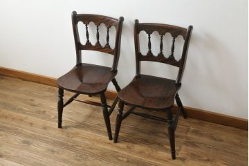 中古　松本民芸家具　#49型A　背もたれの美しいデザインが印象的なワイコムチェア2脚セット(板座チェア、ダイニングチェア、椅子、イス)(定価2脚で約22万円)(R-064180)