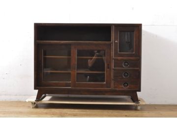 中古　美品　松本民芸家具　どこかレトロな雰囲気も感じる90型茶タンス(サイドボード、戸棚、収納棚)(定価約44万円)(R-064190)