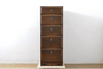 中古　華奢なデザインの取っ手がアクセントのブルージュ風縦型チェスト(引き出し、ハイチェスト、サイドチェスト)(R-064230)
