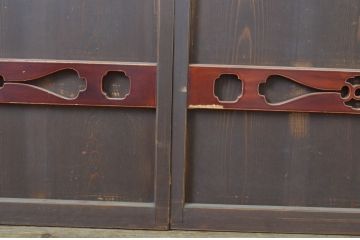 アンティーク建具　透かし彫りがおしゃれな格子入りのガラス戸2枚セット(引き戸)(R-064293)