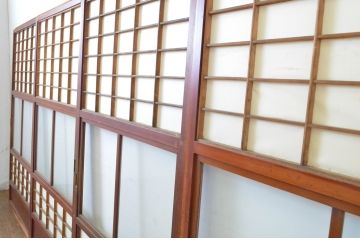 アンティーク建具　落ち着きのある和を演出するガラス入り障子戸4枚セット(引き戸)(R-064296)