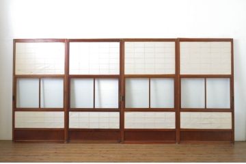 アンティーク建具　落ち着きのある和を演出するガラス入り障子戸4枚セット(引き戸)(R-064296)