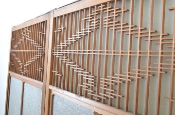 アンティーク建具　菱型の組子細工がおしゃれな組子入りガラス戸2枚セット(引き戸)(R-064302)