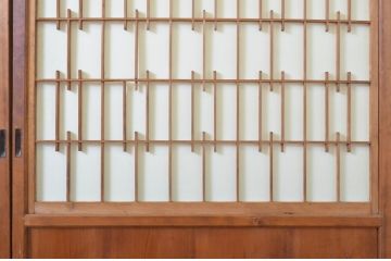 アンティーク建具　変わりデザイン　和の風情漂う障子帯戸4枚セット(障子戸、板戸、引き戸)(R-064308)