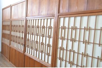 アンティーク建具　変わりデザイン　和の風情漂う障子帯戸4枚セット(障子戸、板戸、引き戸)(R-064308)
