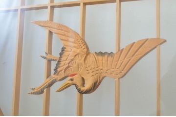 アンティーク建具　両面ガラス　松竹梅・鶴亀の彫刻入りで落ち着いた和の雰囲気を演出するガラス書院戸2枚セット(ガラス窓、引き戸)(R-064328)