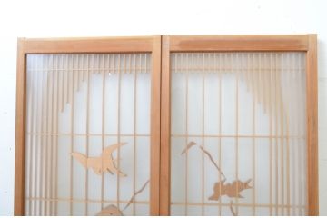 アンティーク建具　両面ガラス　松竹梅・鶴亀の彫刻入りで落ち着いた和の雰囲気を演出するガラス書院戸2枚セット(ガラス窓、引き戸)(R-064328)