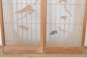 アンティーク建具　両面ガラス　松竹梅・鶴亀の彫刻入りで落ち着いた和の雰囲気を演出するガラス書院戸2枚セット(ガラス窓、引き戸)(R-064328)