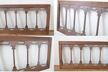 アンティーク建具　ガラス入り　透かし彫りの個性的なデザインが魅力の欄間2枚セット(明かり取り、明り取り)(R-064332)
