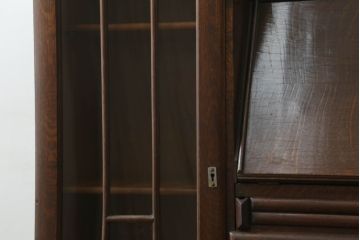 イギリスアンティーク　オーク材　デスクとキャビネットが一体となった使い勝手の良いサイドバイサイドビューローブックケース(ライティングビューロー、キャビネット、サイドボード、デスク、机、在宅ワーク、在宅用ワークデスク)(R-064447)