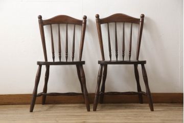 和製ビンテージ　松本民芸家具　希少品　86型スピンドルチェア　滑らかな質感と落ち着いた木色が魅力のウィンザーチェア(椅子、ダイニングチェア、板座チェア、ウインザーチェア、ヴィンテージ)(R-064503)