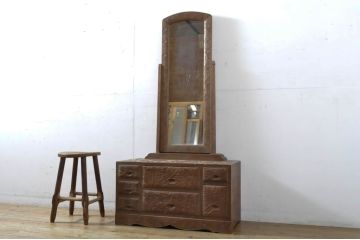 中古　美品　日光彫り　大振りな花の意匠が目を惹く鏡台(ミラー、姿見、ドレッサー、化粧台)(R-064521)