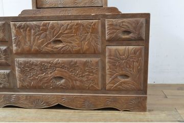 中古　美品　日光彫り　大振りな花の意匠が目を惹く鏡台(ミラー、姿見、ドレッサー、化粧台)(R-064521)