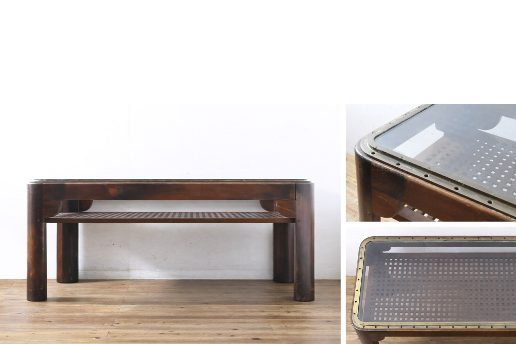 オランダヴィンテージ　船舶窓デザイン!　ガラス天板に真鍮製フレームの重厚なテーブル　(R-064523)