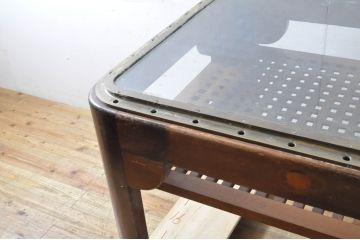 オランダビンテージ　真鍮枠にガラス天板の存在感ある重厚なテーブル(作業台、ダイニングテーブル、ヴィンテージ)(R-064523)