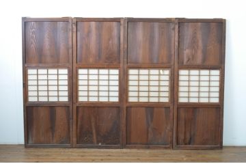 アンティーク建具　古い木味が目を惹く幅狭障子帯戸4枚セット(板戸、障子戸、引き戸)(R-064596)