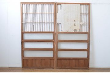 アンティーク建具　変わりデザインの障子入りガラス戸2枚セット(障子戸、引き戸、ガラス帯戸)(R-064609)